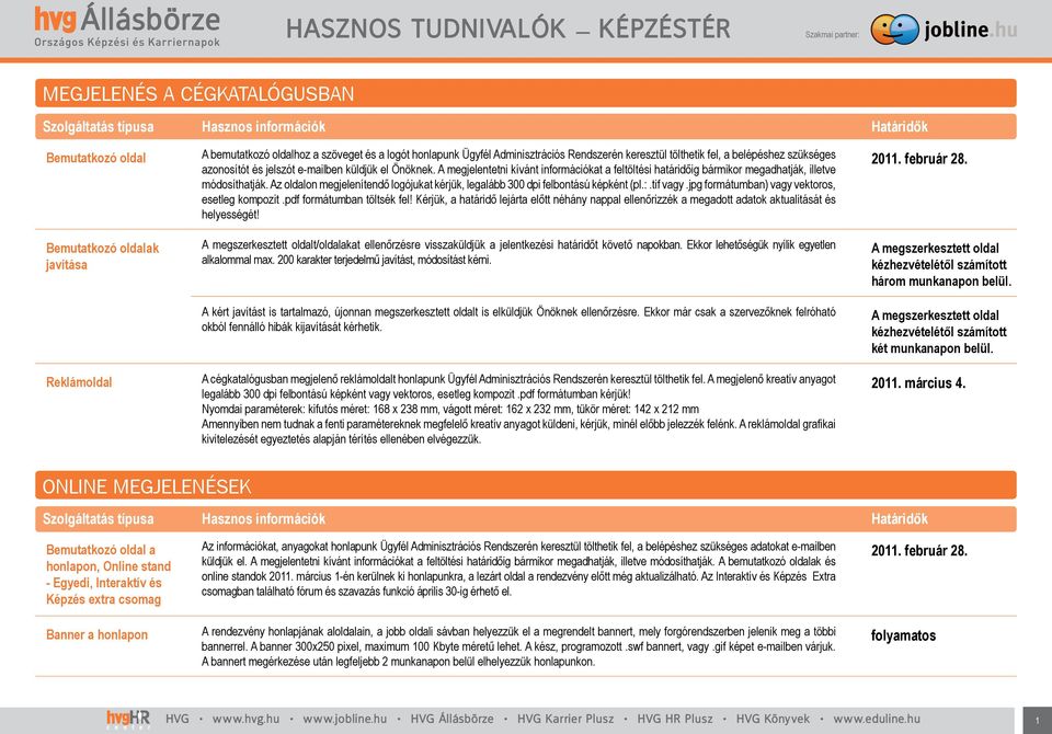 A megjelentetni kívánt információkat a feltöltési határidőig bármikor megadhatják, illetve módosíthatják. Az oldalon megjelenítendő logójukat kérjük, legalább 300 dpi felbontású képként (pl.:.