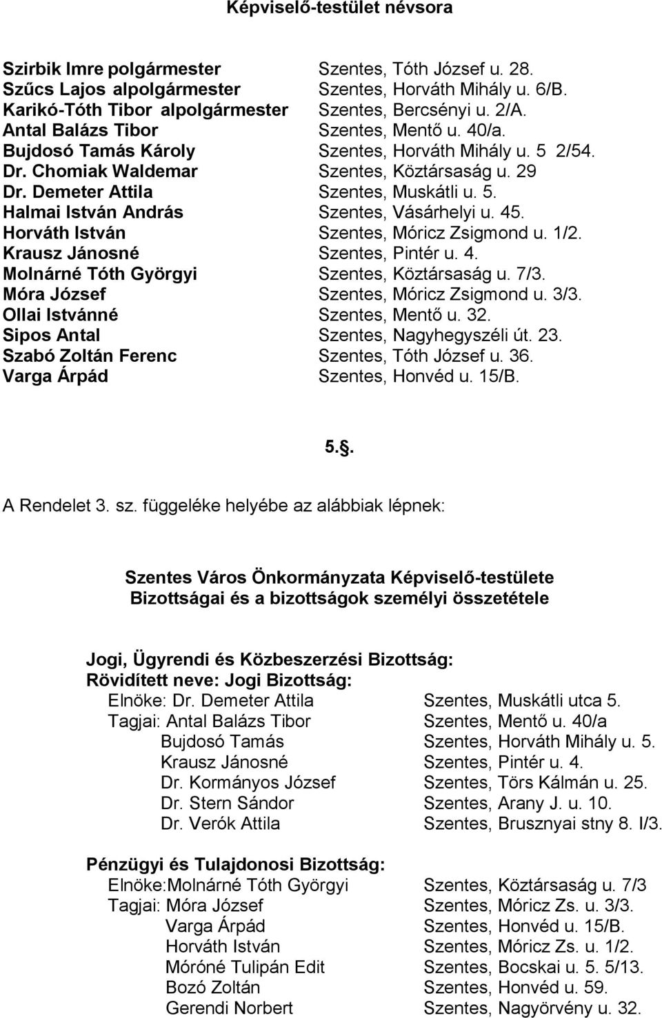 45. Horváth István Szentes, Móricz Zsigmond u. 1/2. Krausz Jánosné Szentes, Pintér u. 4. Molnárné Tóth Györgyi Szentes, Köztársaság u. 7/3. Móra József Szentes, Móricz Zsigmond u. 3/3.