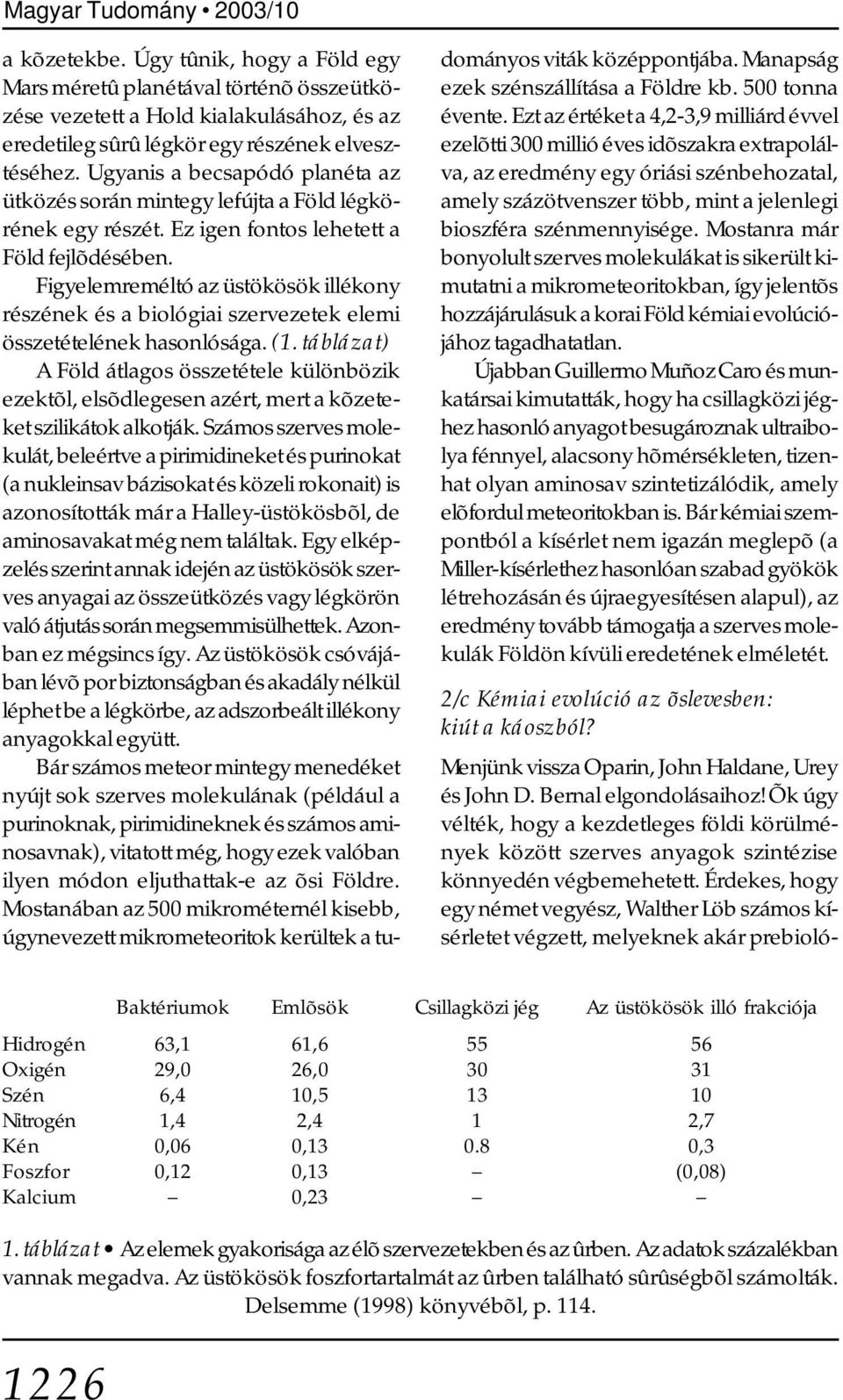 Figyelemreméltó az üstökösök illékony részének és a biológiai szervezetek elemi összetételének hasonlósága. (1.