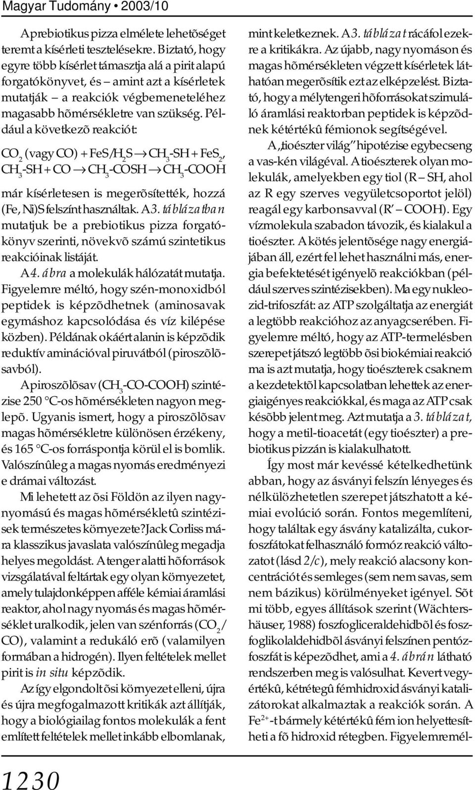 Például a következõ reakciót: CO 2 (vagy CO) + FeS/H 2 S CH 3 -SH + FeS 2, CH 3 -SH + CO CH 3 -COSH CH 3 -COOH már kísérletesen is megerõsítették, hozzá (Fe, Ni)S felszínt használtak. A 3.
