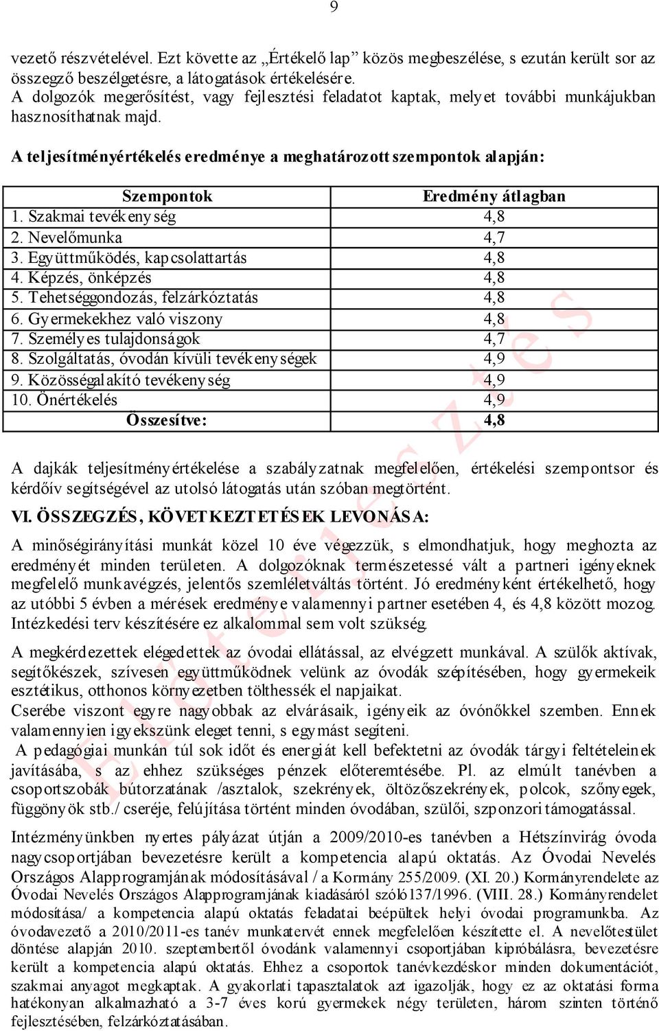 A teljesítményértékelés eredménye a meghatározott szempontok alapján: Szempontok Eredmény átlagban 1. Szakmai tevékenység 4,8 2. Nevelőmunka 4,7 3. Együttműködés, kapcsolattartás 4,8 4.