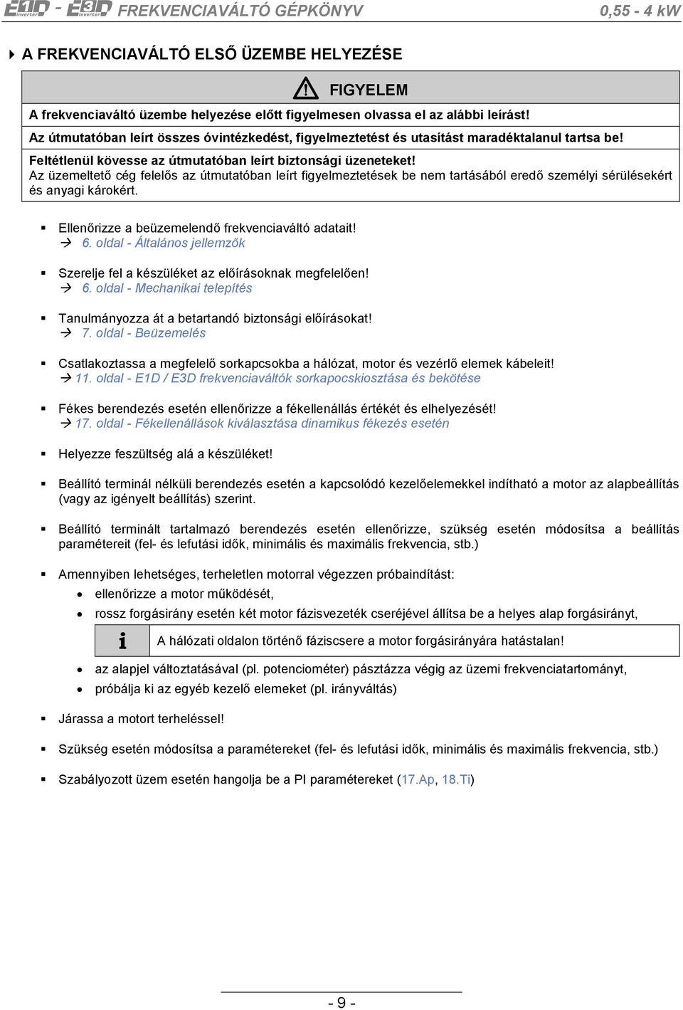 Az üzemeltető cég felelős az útmutatóban leírt figyelmeztetések be nem tartásából eredő személyi sérülésekért és anyagi károkért. Ellenőrizze a beüzemelendő frekvenciaváltó adatait! 6.