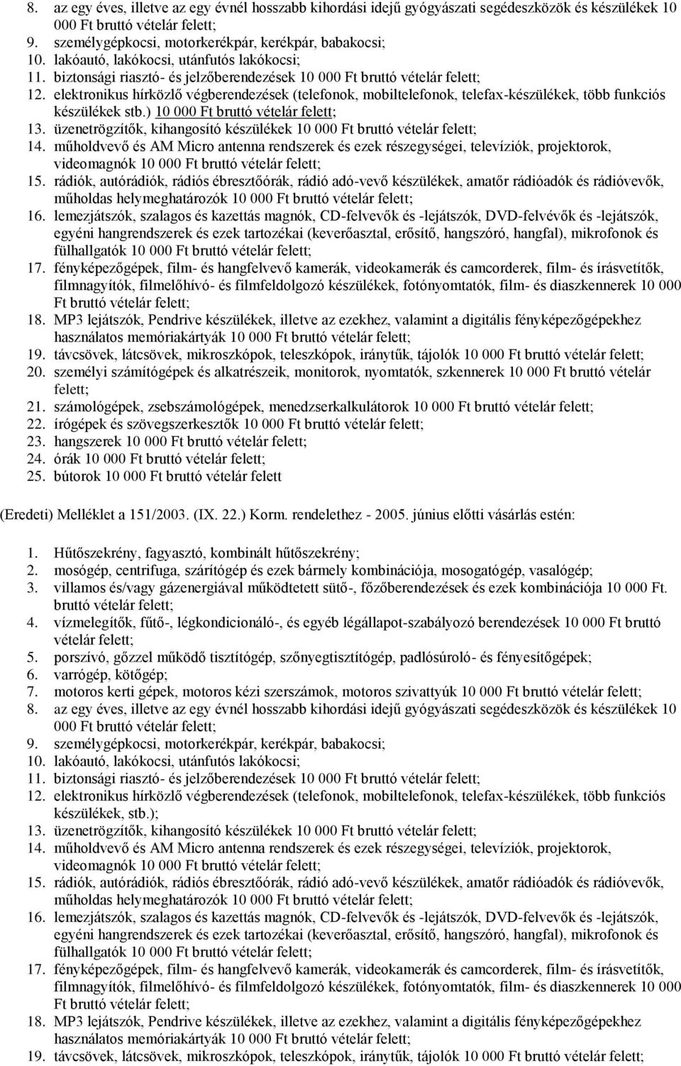 elektronikus hírközlő végberendezések (telefonok, mobiltelefonok, telefax-készülékek, több funkciós készülékek stb.) 10 000 Ft bruttó vételár felett; 13.