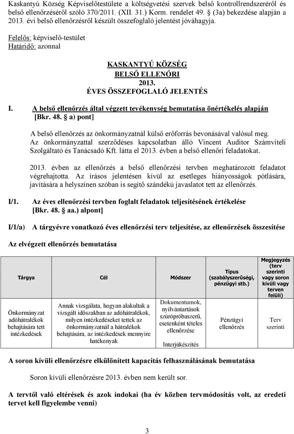 A belső ellenőrzés által végzett tevékenység bemutatása önértékelés alapján [Bkr. 48. a) pont] A belső ellenőrzés az önkormányzatnál külső erőforrás bevonásával valósul meg.
