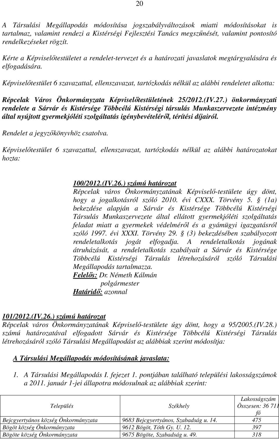 Képviselőtestület 6 szavazattal, ellenszavazat, tartózkodás nélkül az alábbi rendeletet alkotta: Répcelak Város Önkormányzata Képviselőtestületének 25/2012.(IV.27.