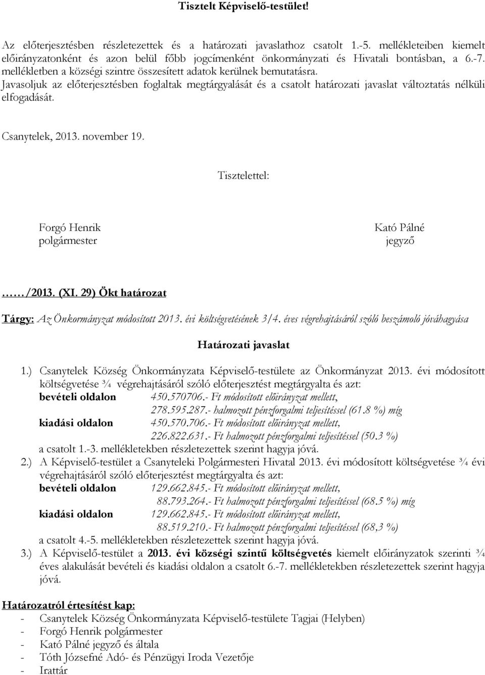 Javasoljuk az előterjesztésben foglaltak megtárgyalását és a csatolt határozati javaslat változtatás nélküli elfogadását. Csanytelek, 2013. november 19.