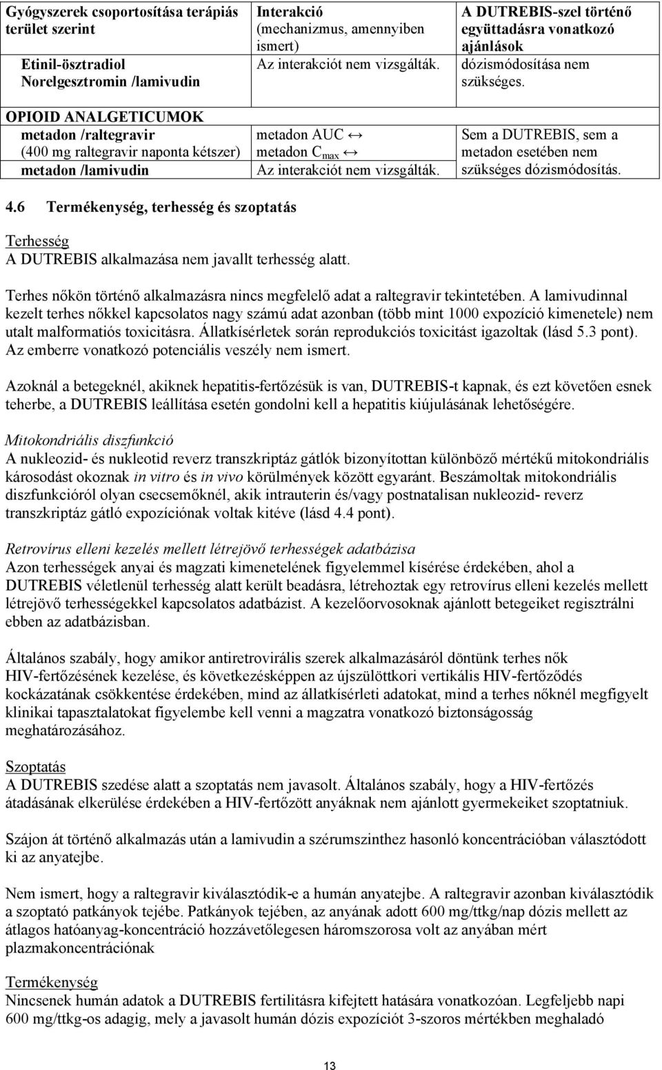 A DUTREBIS-szel történő együttadásra vonatkozó ajánlások dózismódosítása nem szükséges. Sem a DUTREBIS, sem a metadon esetében nem szükséges dózismódosítás. 4.