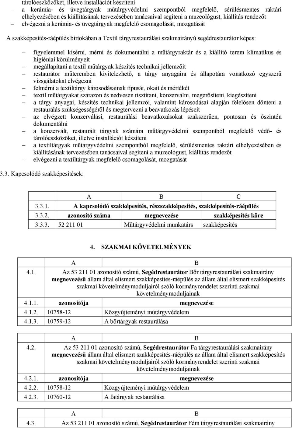 segédrestaurátor képes: figyelemmel kísérni, mérni és dokumentálni a műtárgyraktár és a kiállító terem klimatikus és higiéniai körülményeit megállapítani a textil műtárgyak készítés technikai