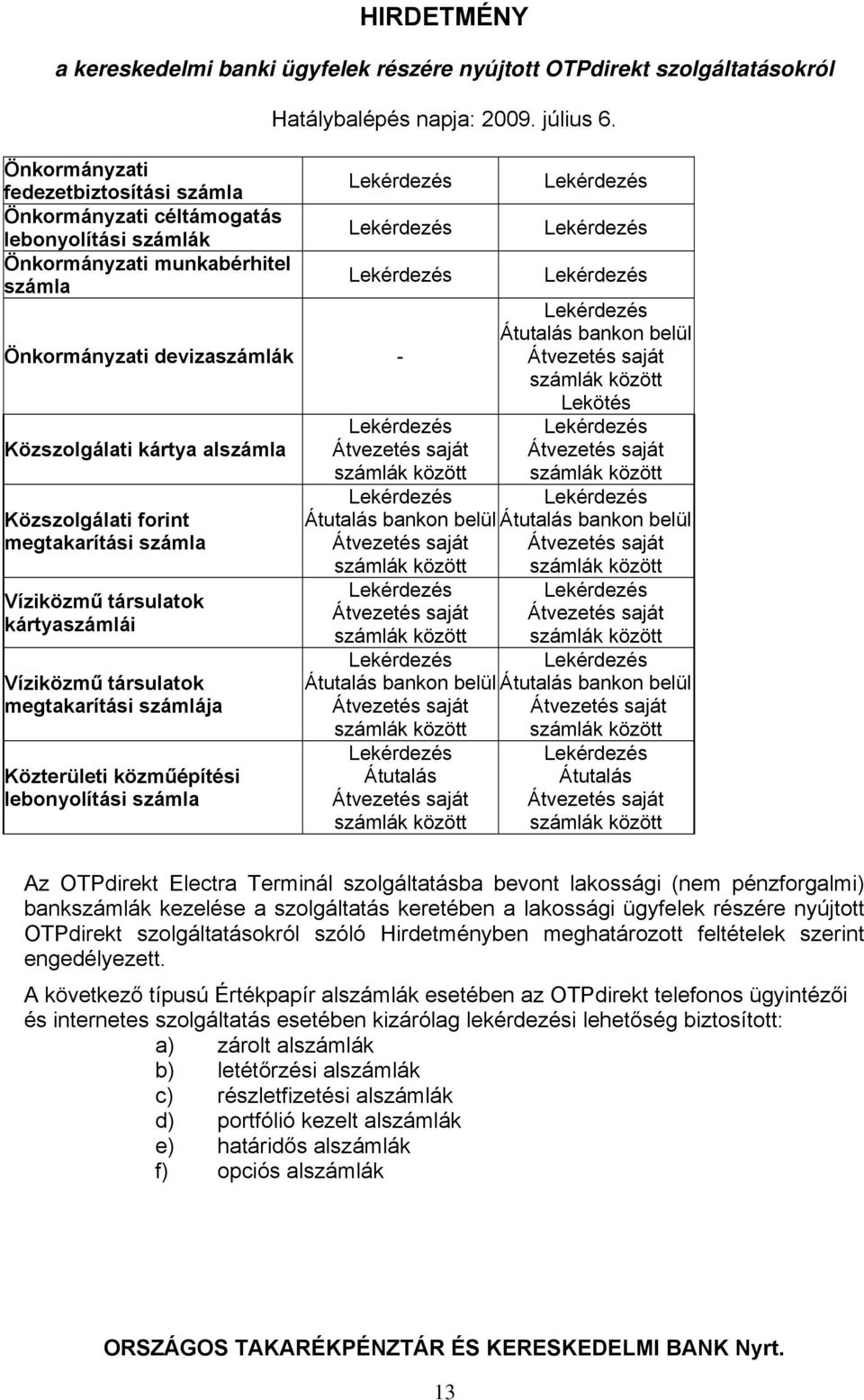 Terminál szolgáltatásba bevont lakossági (nem pénzforgalmi) bankszámlák kezelése a szolgáltatás keretében a lakossági ügyfelek részére nyújtott OTPdirekt szolgáltatásokról szóló Hirdetményben