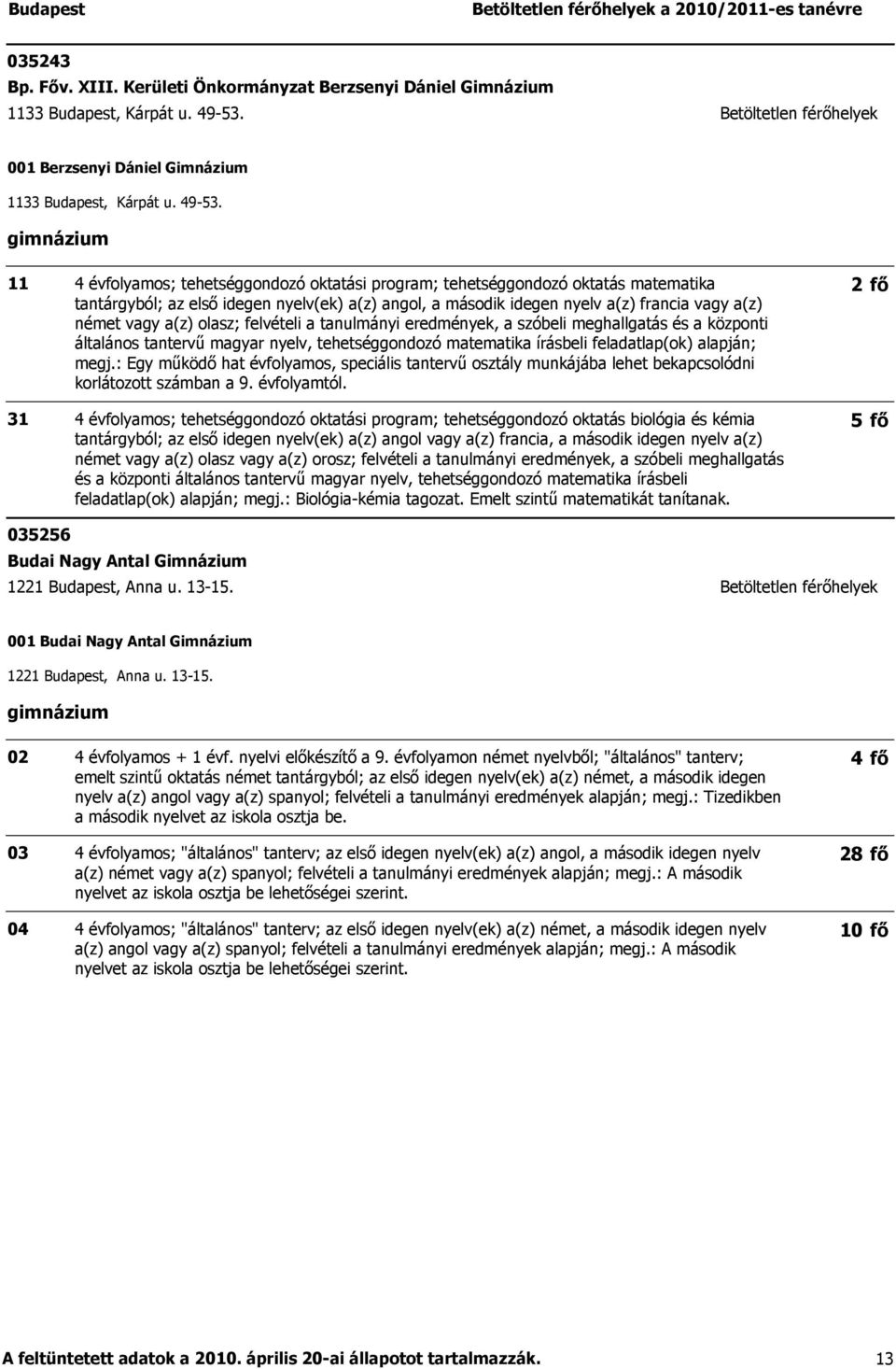 11 31 4 évfolyamos; tehetséggondozó oktatási program; tehetséggondozó oktatás matematika tantárgyból; az első idegen nyelv(ek) a(z) angol, a második idegen nyelv a(z) francia vagy a(z) német vagy