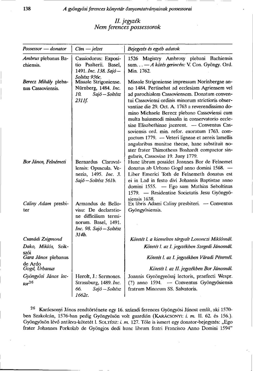 Inc. 138. Sajó - Soltész 936c. Missale Strigoniense. Nürnberg, 1484. Inc. 10. Sajó Soltész 2311f. Bernardus Claravallensis: Opuscula. Venezia, 1495. Inc. 3. Sajó Soltész 561b.