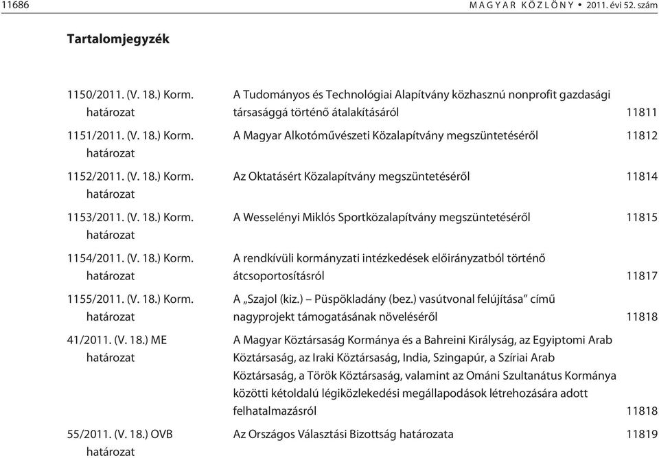 ) Korm. határozat 1155/2011. ) Korm. határozat 41/2011. ) ME határozat 55/2011.