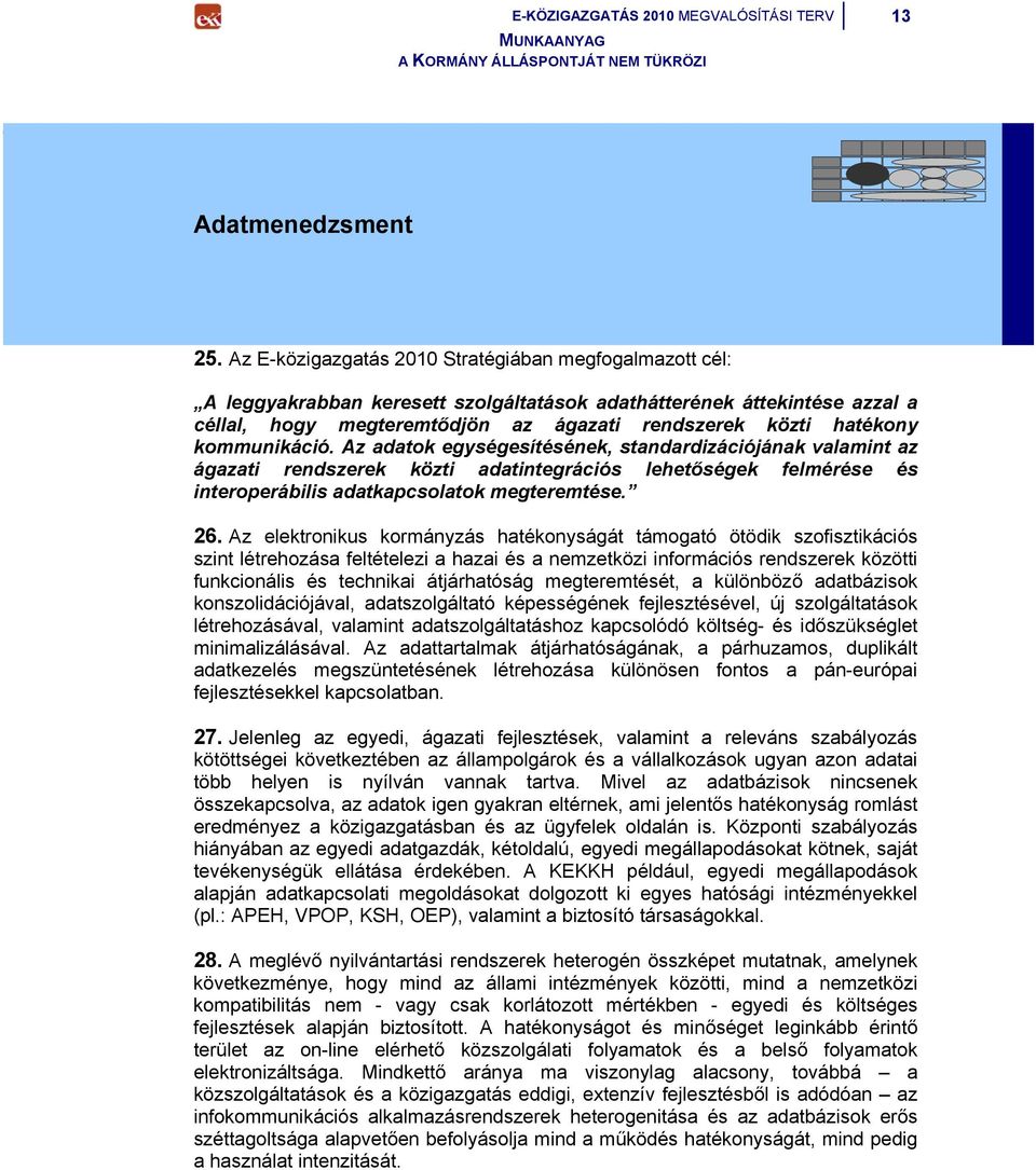kommunikáció. Az adatok egységesítésének, standardizációjának valamint az ágazati rendszerek közti adatintegrációs lehetőségek felmérése és interoperábilis adatkapcsolatok megteremtése. 26.