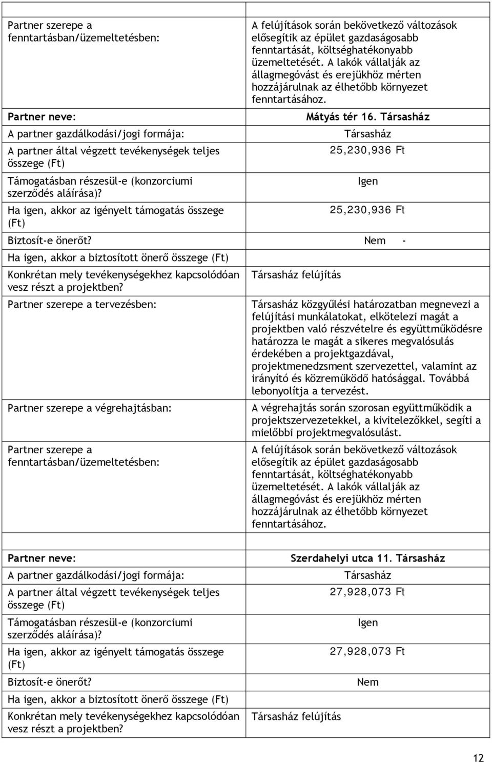 Társasház Társasház 25,230,936 Partner neve: A partner gazdálkodási/jogi formája: A partner által végzett tevékenységek teljes összege () Támogatásban részesül-e (konzorciumi Igen szerződés aláírása)?