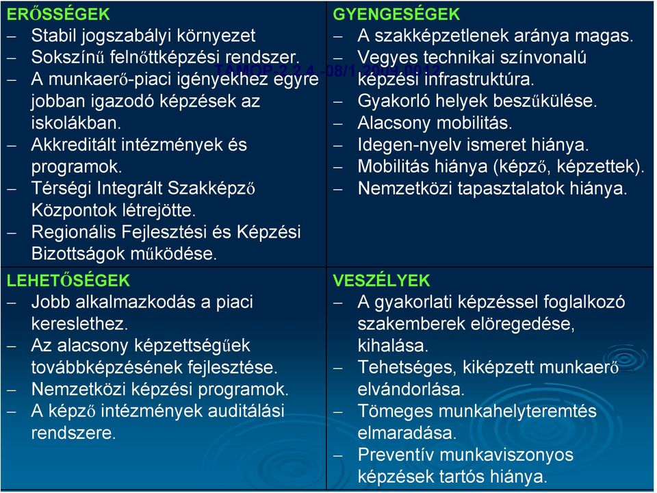 Akkreditált intézmények és Idegen-nyelv ismeret hiánya. programok. Mobilitás hiánya (képző, képzettek). Térségi Integrált Szakképző Központok létrejötte. Nemzetközi tapasztalatok hiánya.