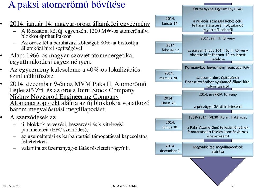 segítségével Alap: 1966-os magyar-szovjet atomenergetikai együttműködési egyezményen. Az egyezmény kulcseleme a 40%-os lokalizációs szint célkitűzése 2014. december 9-én az MVM Paks II.