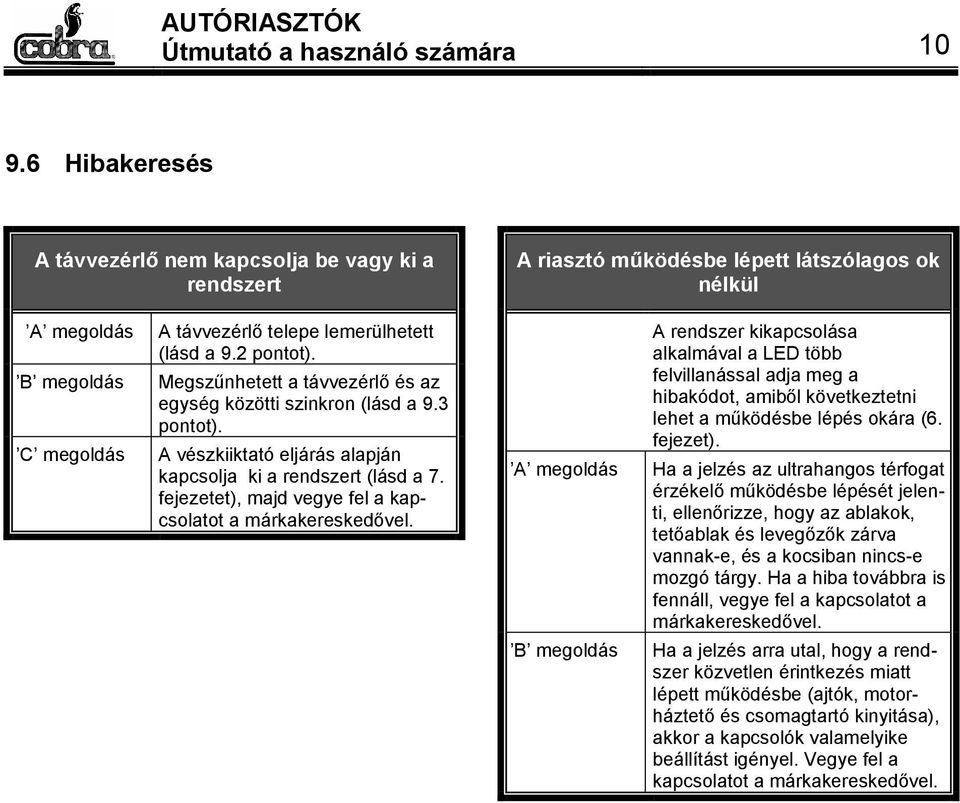 Megszűnhetett a távvezérlő és az egység közötti szinkron (lásd a 9.3 pontot). A vészkiiktató eljárás alapján kapcsolja ki a rendszert (lásd a 7.