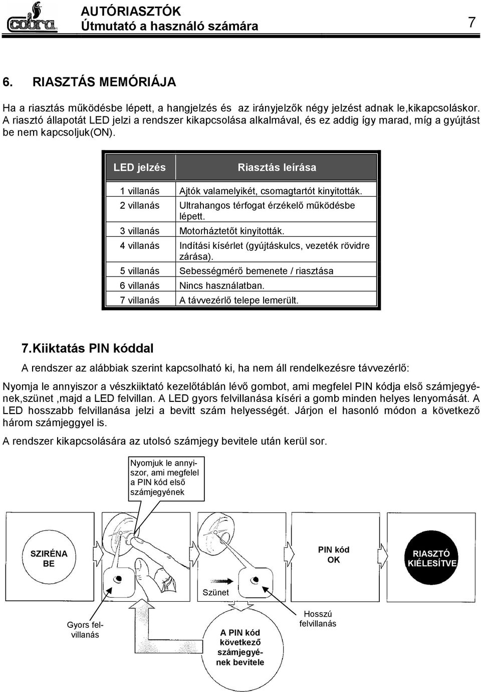 LED jelzés Riasztás leírása 1 villanás Ajtók valamelyikét, csomagtartót kinyitották. 2 villanás Ultrahangos térfogat érzékelő működésbe lépett. 3 villanás Motorháztetőt kinyitották.