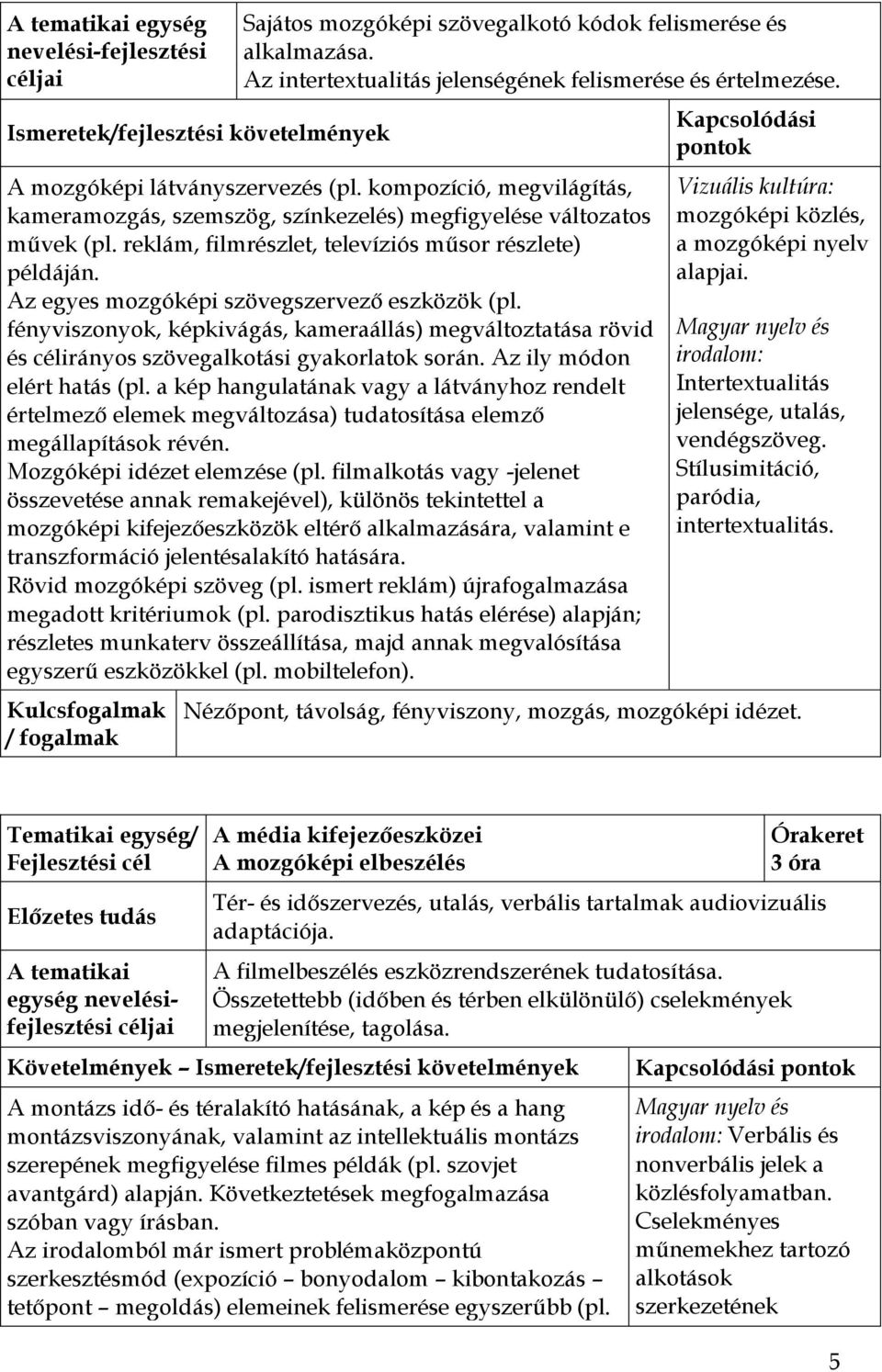 Az egyes mozgóképi szövegszervező eszközök (pl. fényviszonyok, képkivágás, kameraállás) megváltoztatása rövid és célirányos szövegalkotási gyakorlatok során. Az ily módon elért hatás (pl.