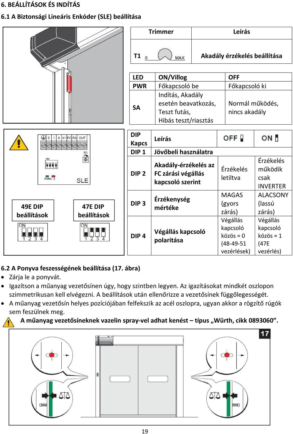 működés, Teszt futás, nincs akadály Hibás teszt/riasztás 49E DIP beállítások 47E DIP beállítások DIP Kapcs DIP 1 DIP 2 DIP 3 DIP 4 Leírás Jövőbeli használatra Akadály-érzékelés az FC zárási végállás