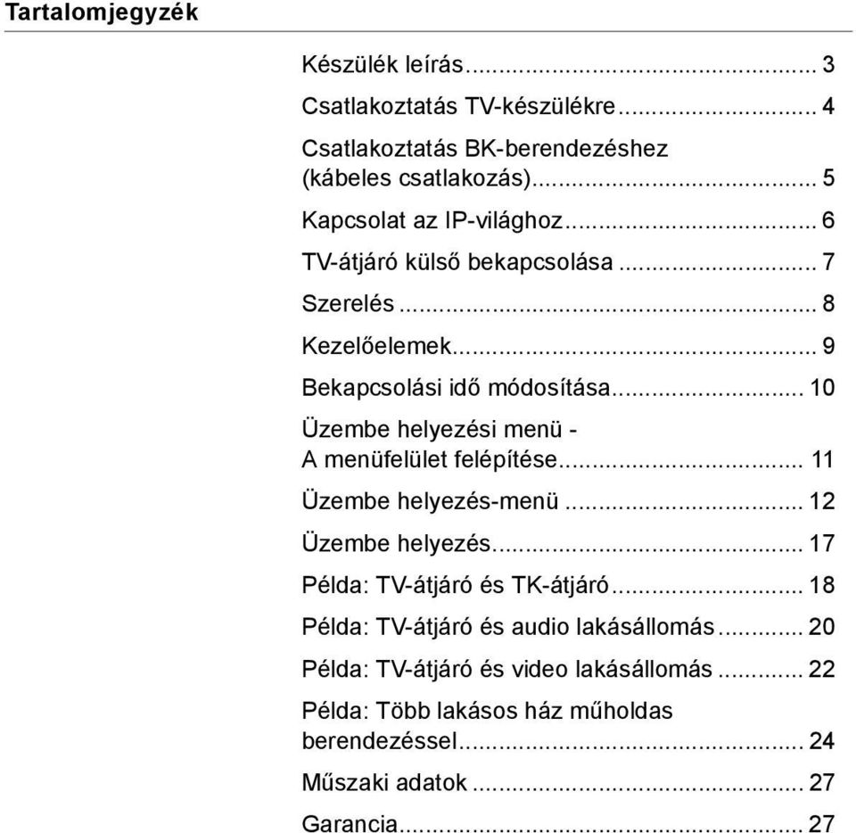 .. 10 Üzembe helyezési menü - A menüfelület felépítése... 11 Üzembe helyezés-menü... 12 Üzembe helyezés... 17 Példa: TV-átjáró és TK-átjáró.