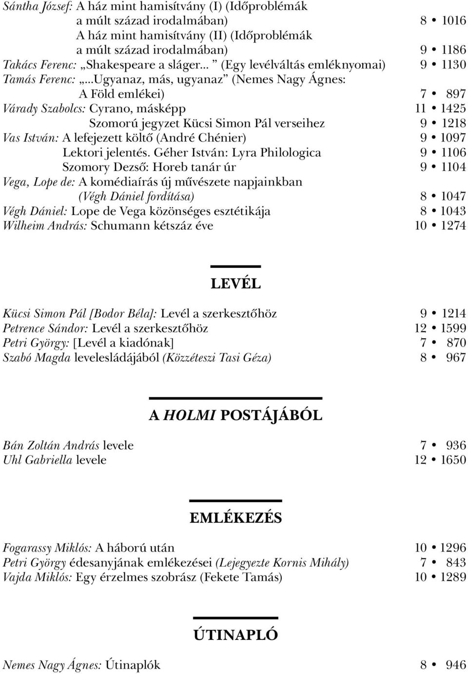 ..Ugyanaz, más, ugyanaz (Nemes Nagy Ágnes: A Föld emlékei) 7 897 Várady Szabolcs: Cyrano, másképp 11 1425 Szomorú jegyzet Kücsi Simon Pál verseihez 9 1218 Vas István: A lefejezett költô (André