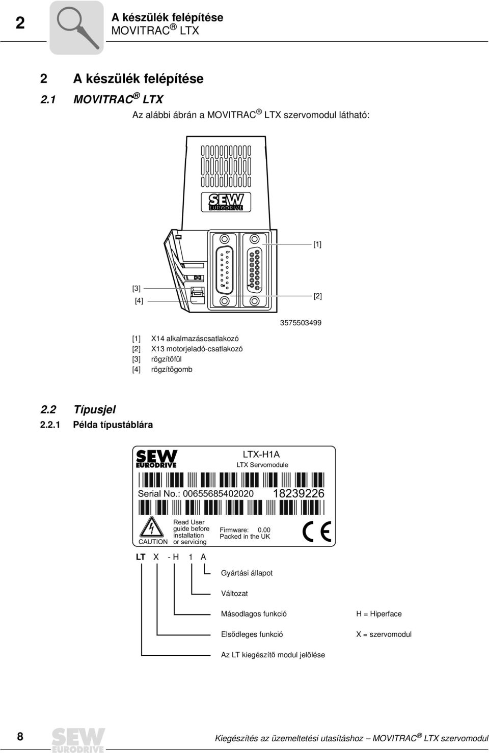 rögzítőfül [4] rögzítőgomb 2.2 Típusjel 2.2.1 Példa típustáblára LTX-H1A LTX Servomodule Serial No.