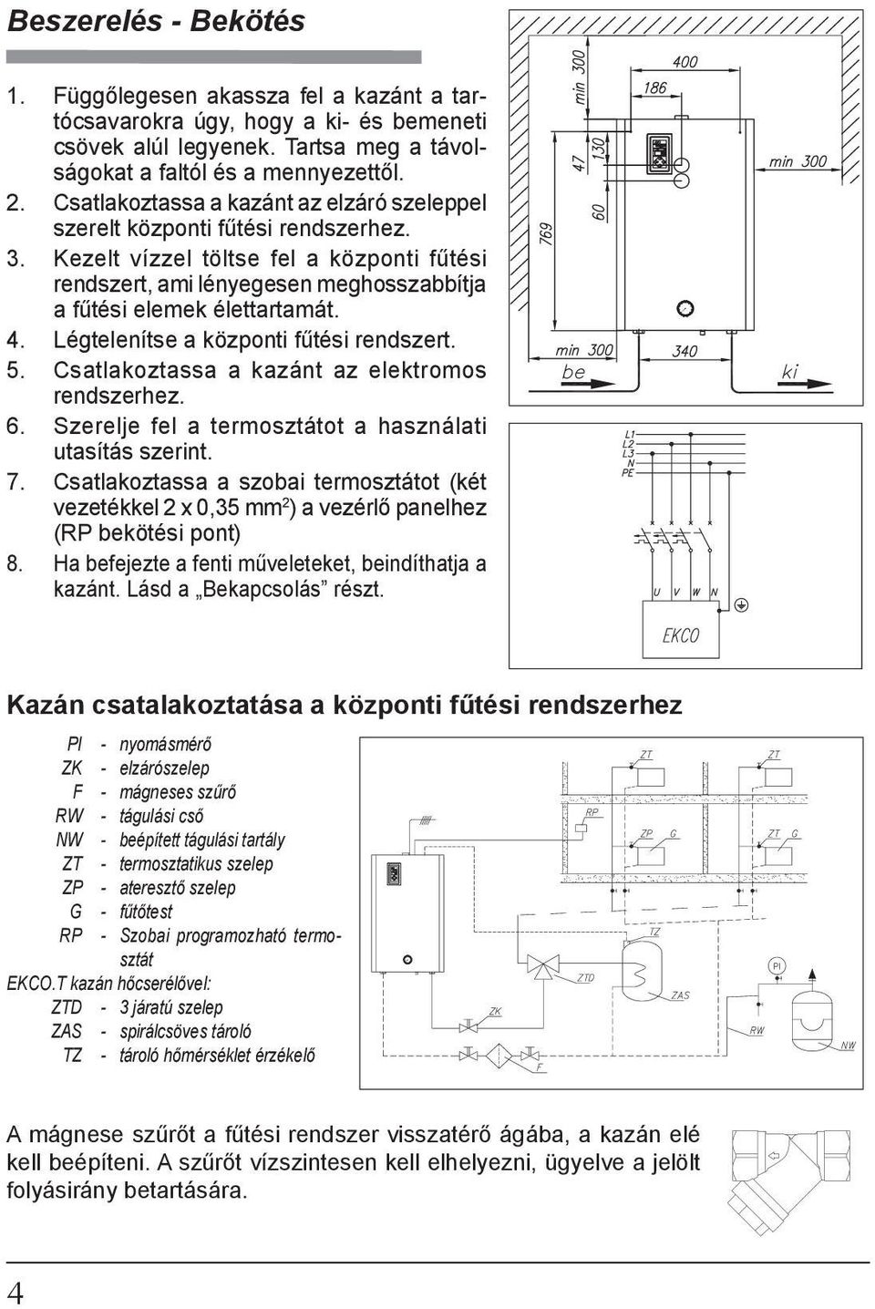 4. Légtelenítse a központi fűtési rendszert. 5. Csatlakoztassa a kazánt az elektromos rendszerhez. 6. Szerelje fel a termosztátot a használati utasítás szerint. 7.