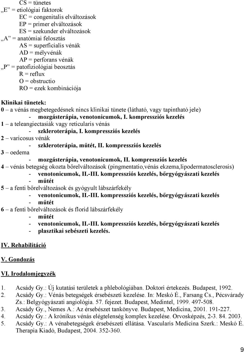 venotonicumok, I. kompressziós kezelés 1 a teleangiectasiák vagy reticularis vénás - szkleroterápia, I. kompressziós kezelés 2 varicosus vénák - szkleroterápia, műtét, II.