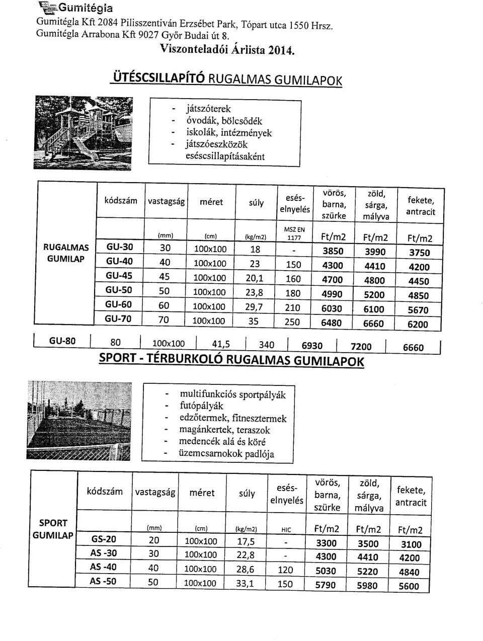 250 6480 6660 6200 GU-80 80 100x100 41,5 340 6930 7200 6660 SPORT - TERBURKOLO RUGALMAS GUMILAPOK kodszam vastagsag meret suly eseselnyeles voros, barna, sziirke zold, sarga, malyva fekete, antracit