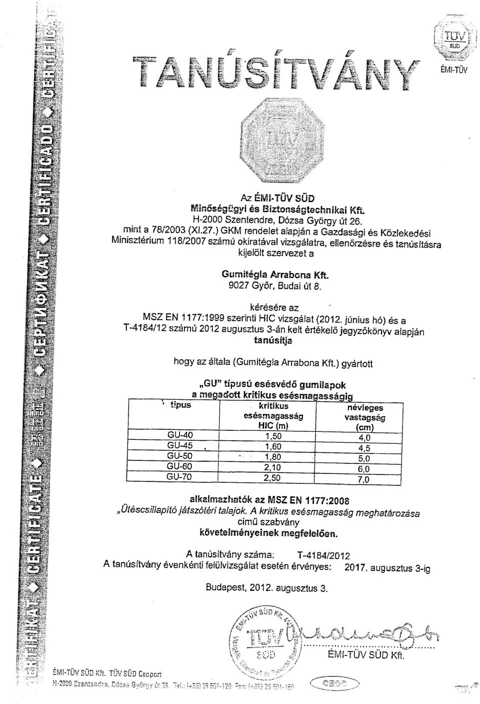 keresere az MSZ EN 1177:1999 szerinti HIC vizsgalat (2012. Junius ho) es a T-4184/12 szamii 2012 augusztus 3-an Kelt ertekelo jegyzokonyv alapjan tanusitja hogy az aitaia (Gumitegla Arrabona Kft.