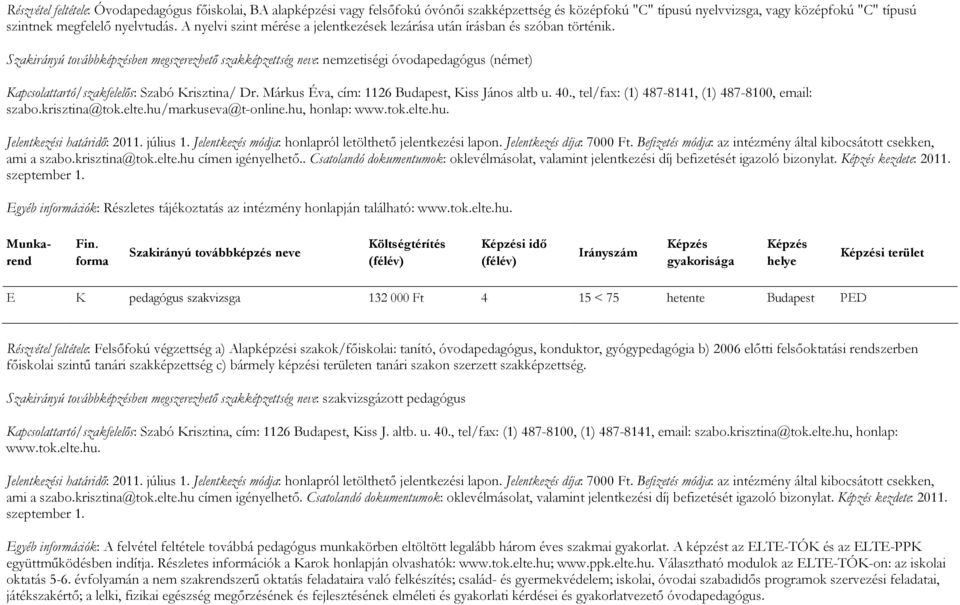 Szakirányú továbbképzésben megszerezhető szakképzettség neve: nemzetiségi óvodapedagógus (német) Kapcsolattartó/szakfelelős: Szabó Krisztina/ Dr. Márkus Éva, cím: 1126 Budapest, Kiss János altb u. 40.