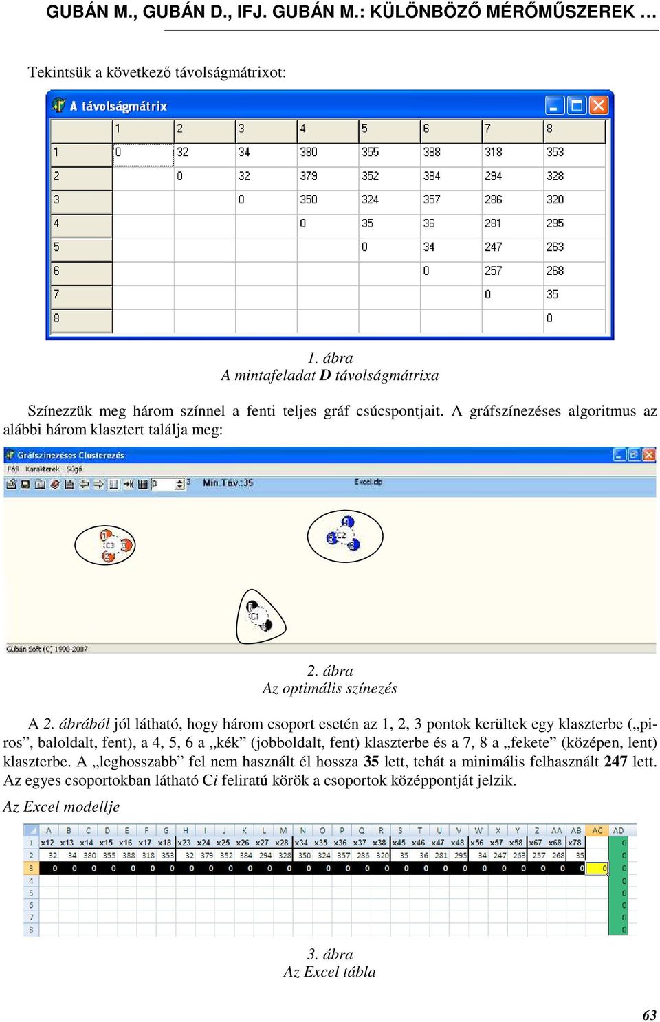 ábrából jól látható, hogy három csoport esetén az 1, 2, 3 pontok kerültek egy klaszterbe ( piros, baloldalt, fent), a 4, 5, 6 a kék (jobboldalt, fent) klaszterbe és a