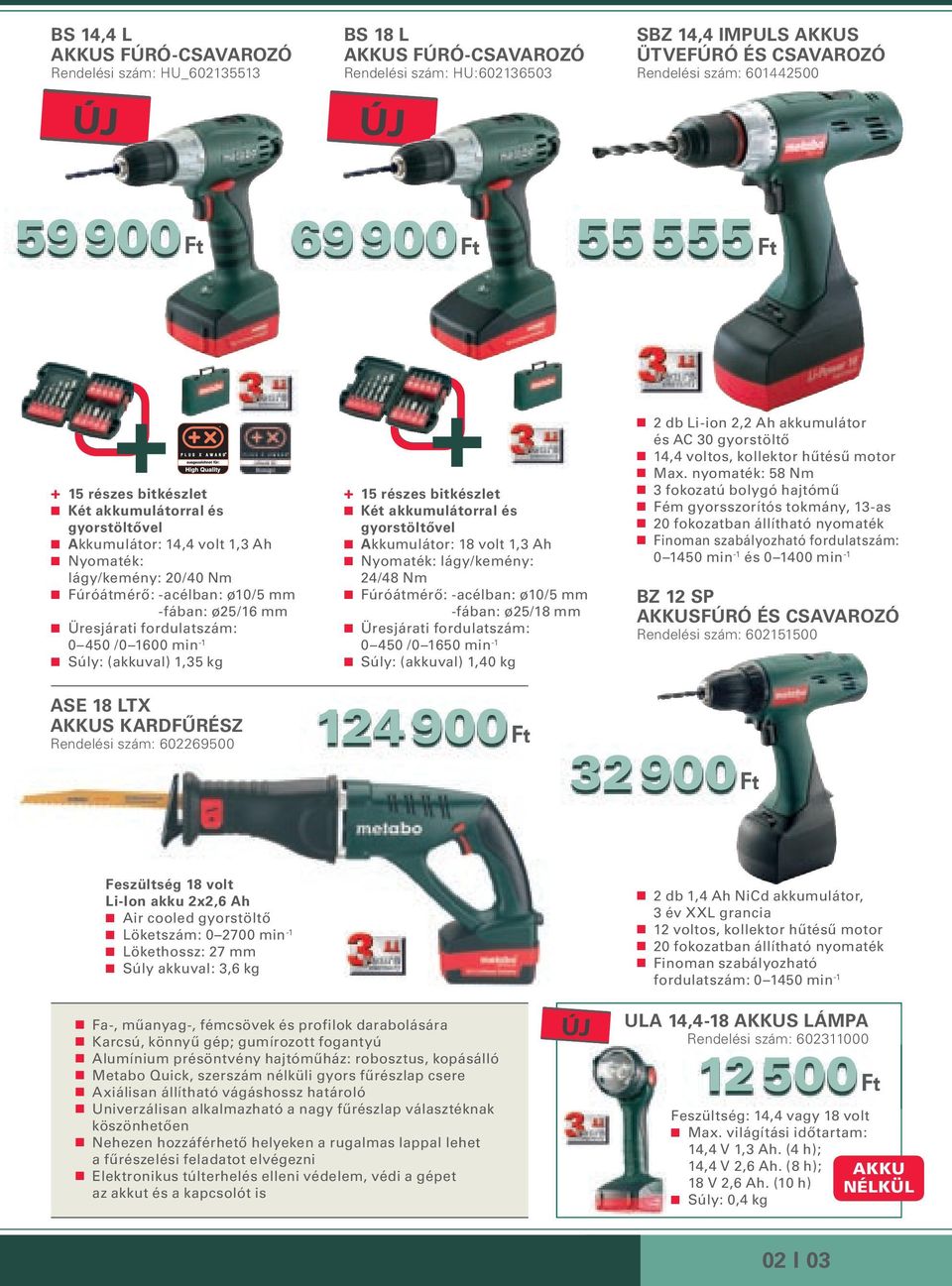 fordulatszám: 0 450 /0 1600 min -1 Súly: (akkuval) 1,35 kg + 15 részes bitkészlet Két akkumulátorral és gyorstöltővel Akkumulátor: 18 volt 1,3 Ah Nyomaték: lágy/kemény: 24/48 Nm Fúróátmérő: -acélban: