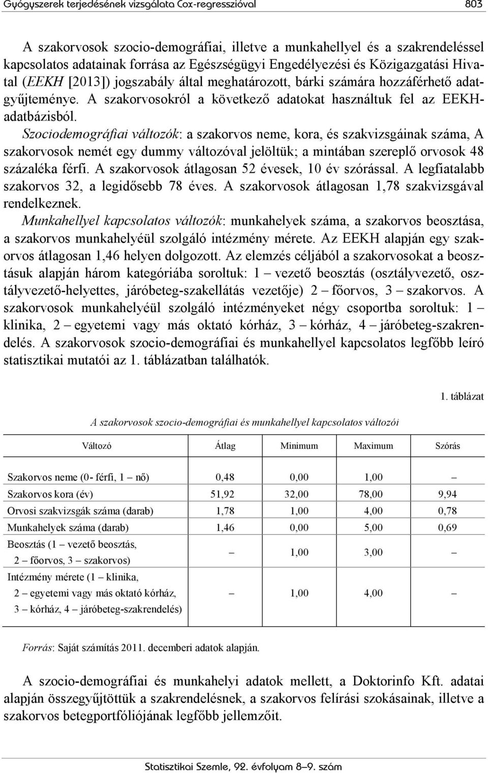 Szociodemográfiai változók: a szakorvos neme, kora, és szakvizsgáinak száma, A szakorvosok nemét egy dummy változóval jelöltük; a mintában szereplő orvosok 48 százaléka férfi.