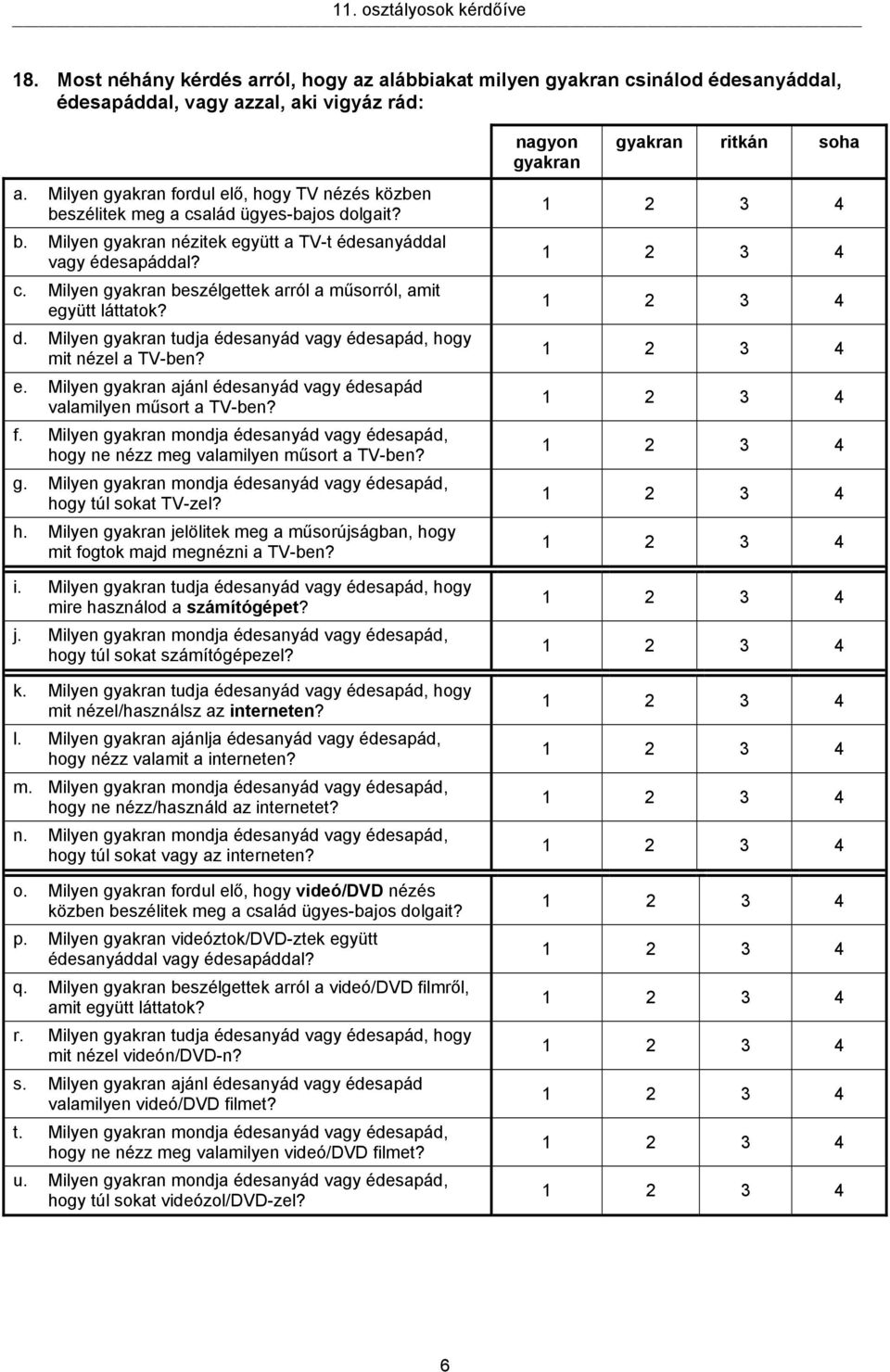 d. Milyen gyakran tudja édesanyád vagy édesapád, hogy mit nézel a TV-ben? e. Milyen gyakran ajánl édesanyád vagy édesapád valamilyen műsort a TV-ben? f.