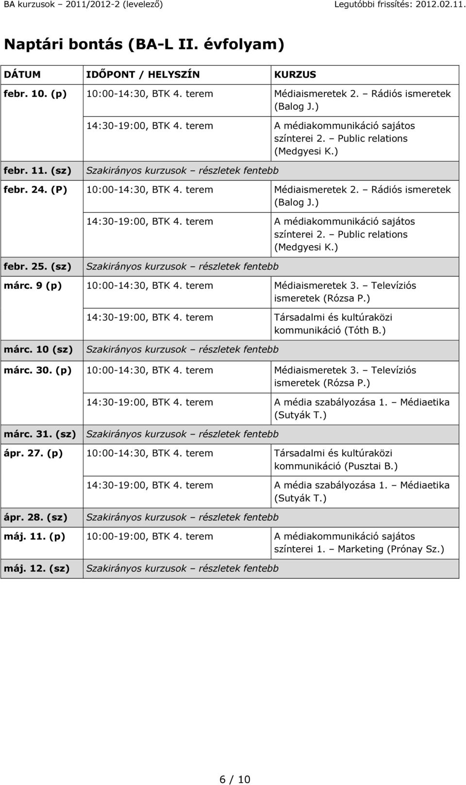 A médiakommunikáció sajátos színterei 2. Public relations (Medgyesi K.) febr. 25. (sz) márc. 9 (p) 10:00-14:30, BTK 4. Médiaismeretek 3. Televíziós ismeretek (Rózsa P.) 14:30-19:00, BTK 4.