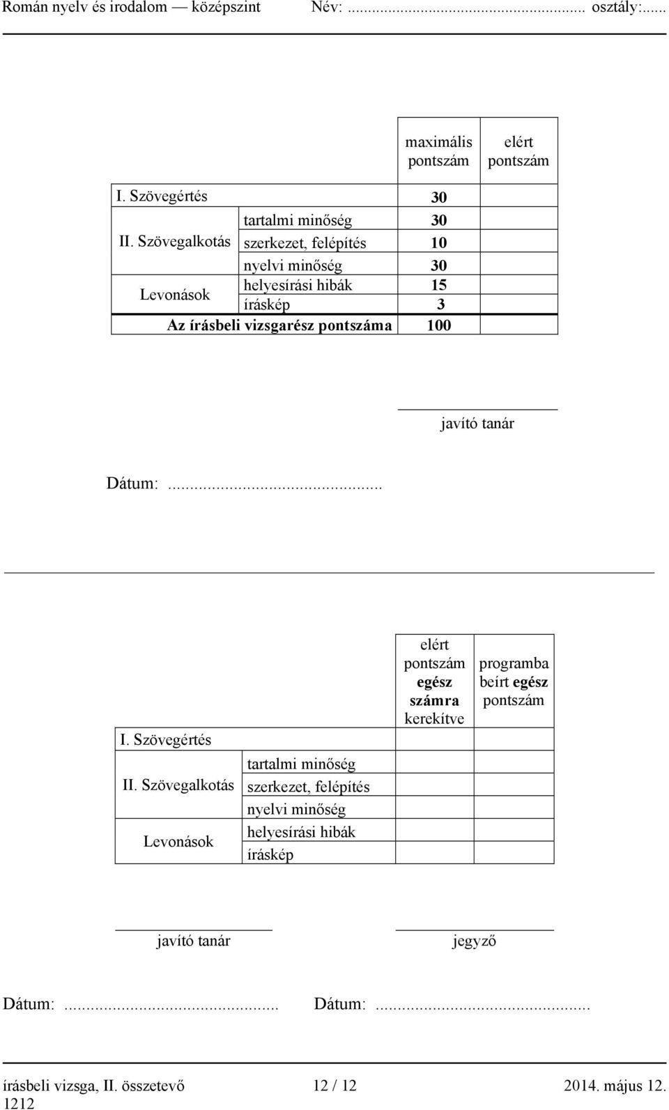 100 javító tanár Dátum:... I. Szövegértés II.