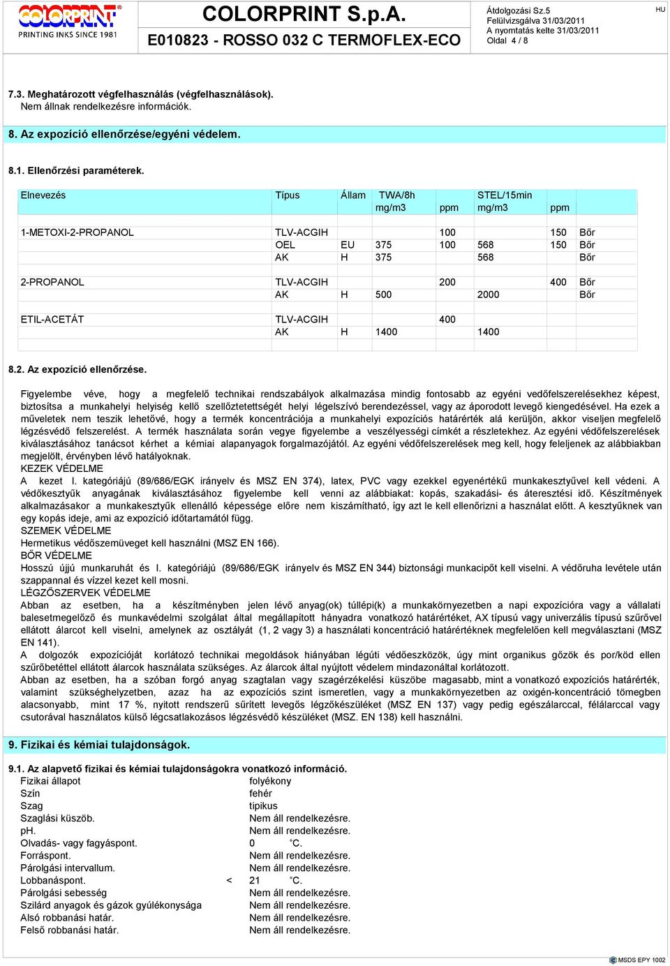 ETIL-ACETÁT TLV-ACGIH 400 AK H 1400 1400 8.2. Az expozíció ellenırzése.
