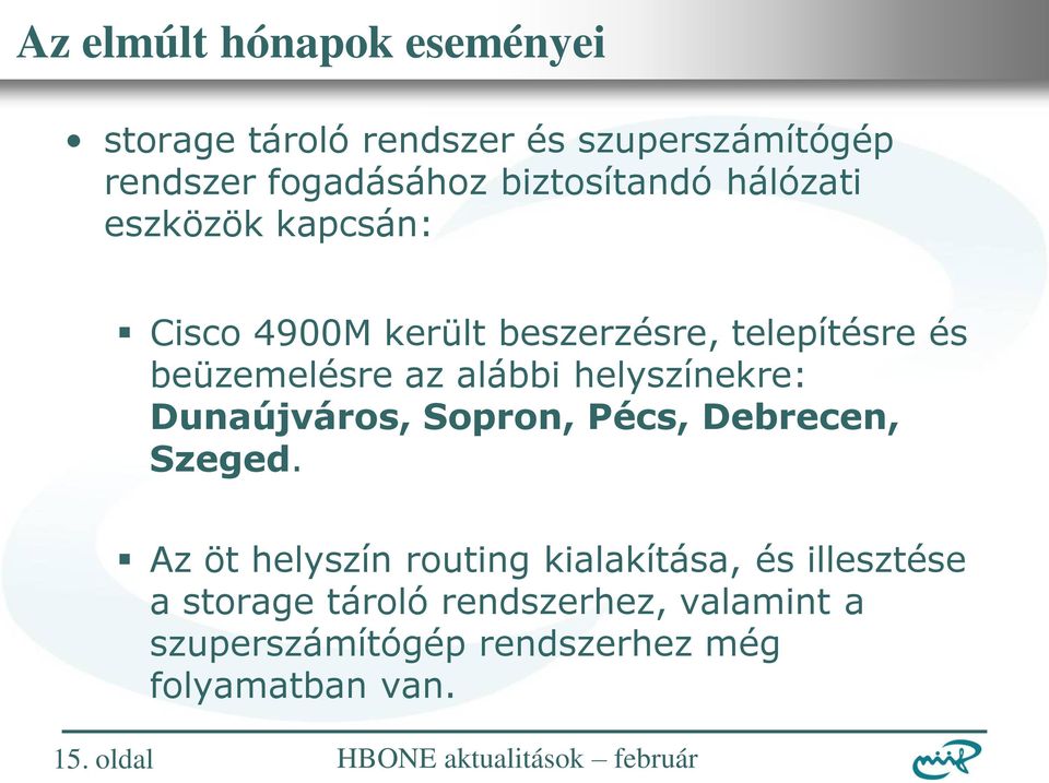Dunaújváros, Sopron, Pécs, Debrecen, Szeged.