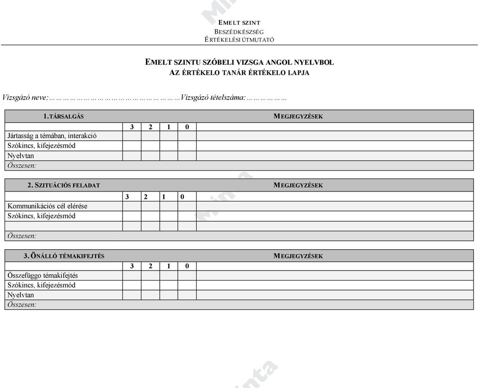 TÁRSALGÁS Jártasság a témában, interakció MEGJEGYZÉSEK 2.