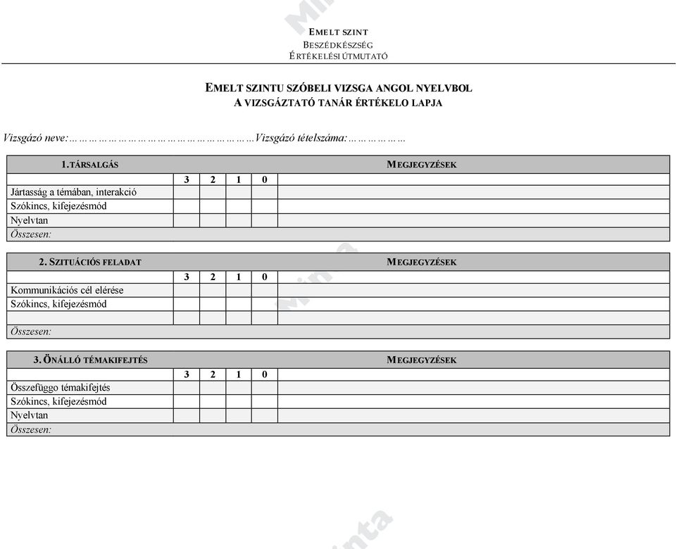 TÁRSALGÁS Jártasság a témában, interakció MEGJEGYZÉSEK 2.