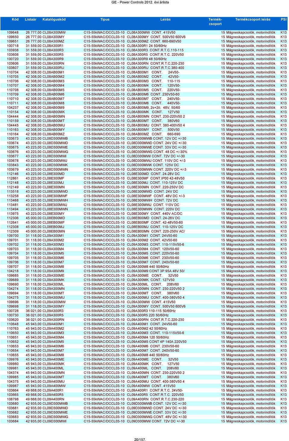 660-690V50 15 Mágneskapcsolók, motorindítók K13 100718 31 559,00 CL08A300R1 C15-55kWAC/DCCL03-10 CL08A300R1 24 50/60Hz 15 Mágneskapcsolók, motorindítók K13 103938 31 559,00 CL08A300R3