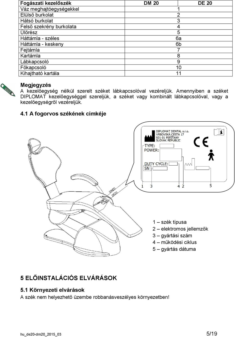 Amennyiben a széket DIPLOMAT kezelőegységgel szereljük, a széket vagy kombinált lábkapcsolóval, vagy a kezelőegységről vezéreljük. 4.