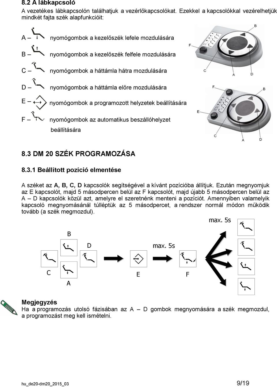 mozdulására D nyomógombok a háttámla előre mozdulására E nyomógombok a programozott helyzetek beállítására F nyomógombok az automatikus beszállóhelyzet beállítására 8.3 