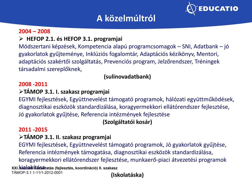 prgramjai Módszertani képzések, Kmpetencia alapú prgramcsmagk SNI, Adatbank jó gyakrlatk gyűjteménye, Inklúziós fgalmtár, Adaptációs kézikönyv, Mentri, adaptációs szakértői szlgáltatás, Prevenciós