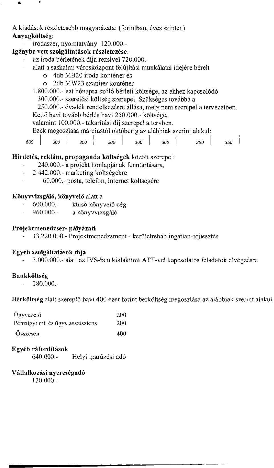 - alatt a sashalmi városközpont felújítási munkálatai idejére bérelt o 4db MB20 iroda konténer és o 2db MW23 szaniter konténer 1.800.000.- hat hónapra szóló bérleti költsége, az ehhez kapcsolódó 300.