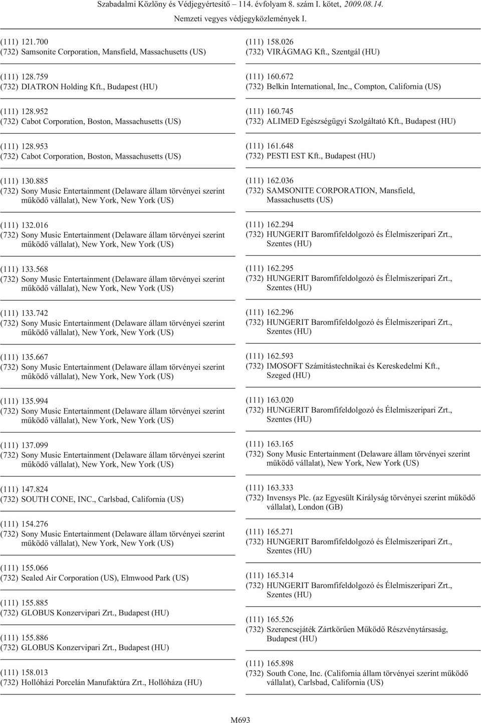 , Budapest (HU) (111) 128.953 (732) Cabot Corporation, Boston, Massachusetts (US) (111) 161.648 (732) PESTI EST Kft., Budapest (HU) (111) 130.885 (111) 162.