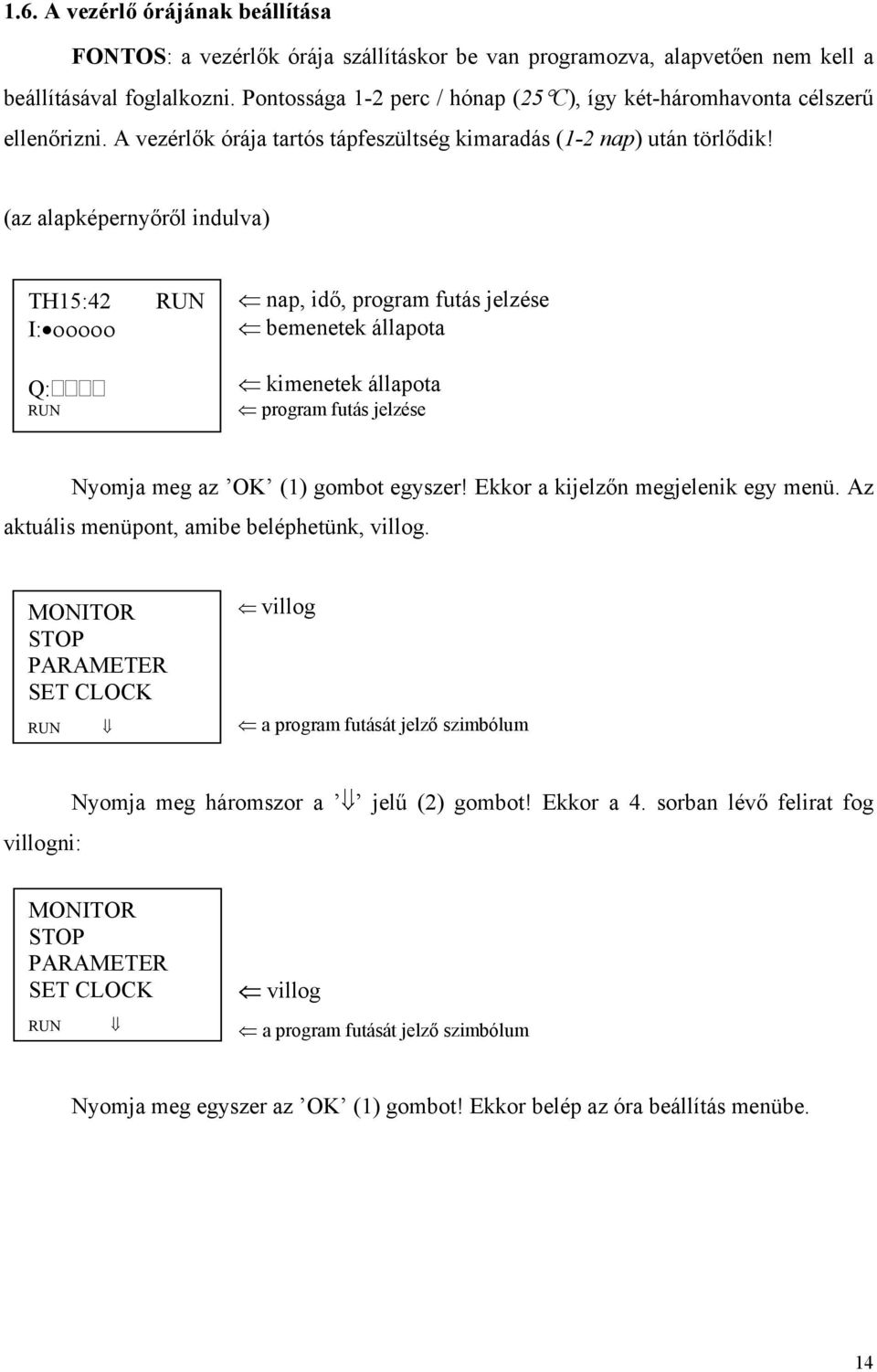 (az alapképernyőről indulva) TH15:42 I: οοοοο Q: nap, idő, program futás jelzése bemenetek állapota kimenetek állapota program futás jelzése Nyomja meg az OK (1) gombot egyszer!