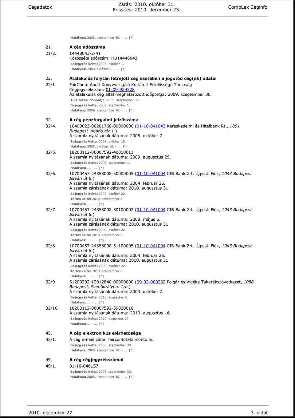 FairConto Audit Könyvvizsgáló Korlátolt Felelősségű Társaság Cégjegyzékszám: 01-09-924528 Az átalakulás cég által meghatározott időpontja: 2009. szeptember 30. A változás időpontja: 2009.